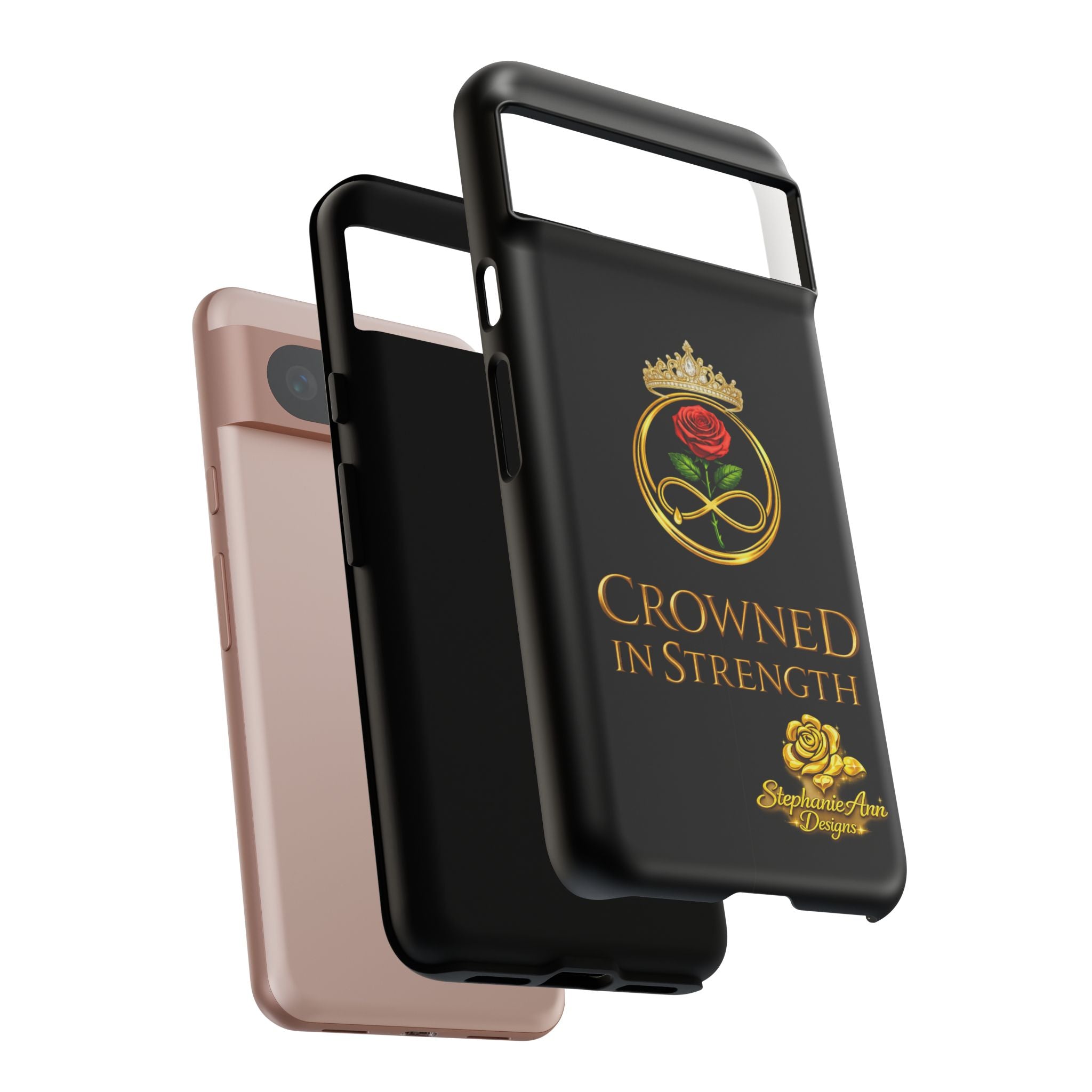 ' A Rose Crowned in Strength Phone Case Rose golden  — Protective Black Case with Rose & Crown Empowerment Design