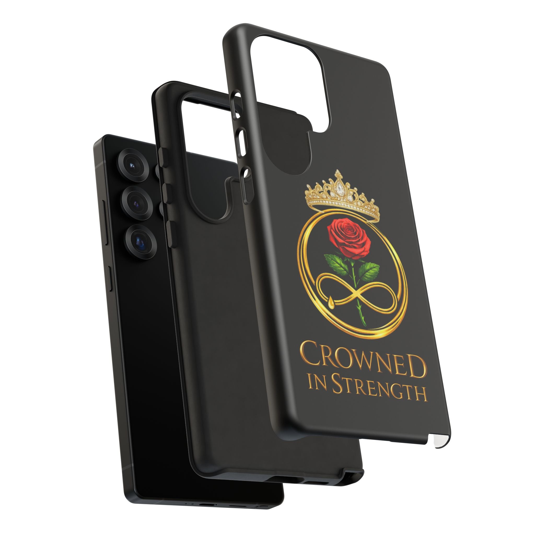 'A Rose Crowned in Strength Phone Case Black Rose Gold infinity