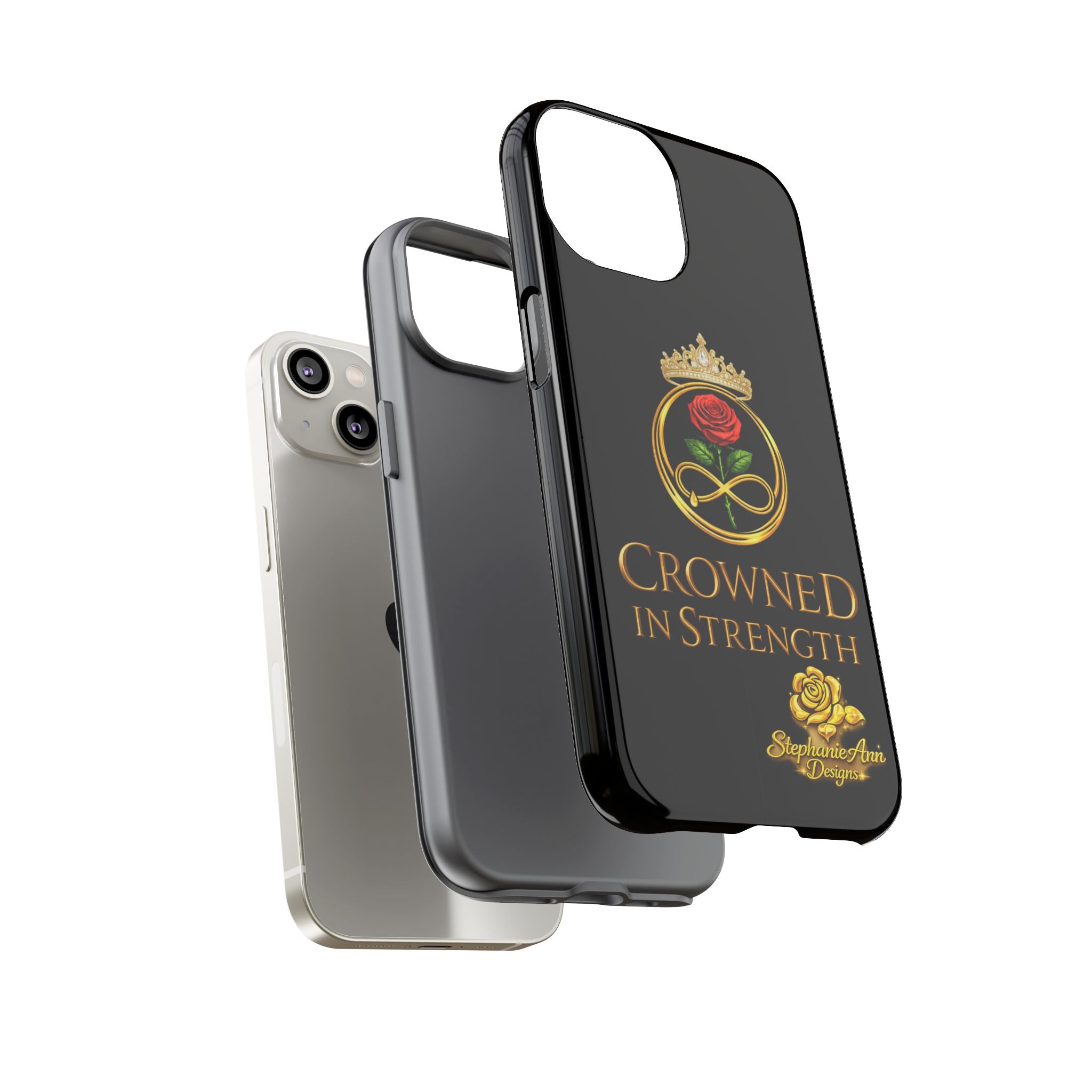 ' A Rose Crowned in Strength Phone Case Rose golden  — Protective Black Case with Rose & Crown Empowerment Design