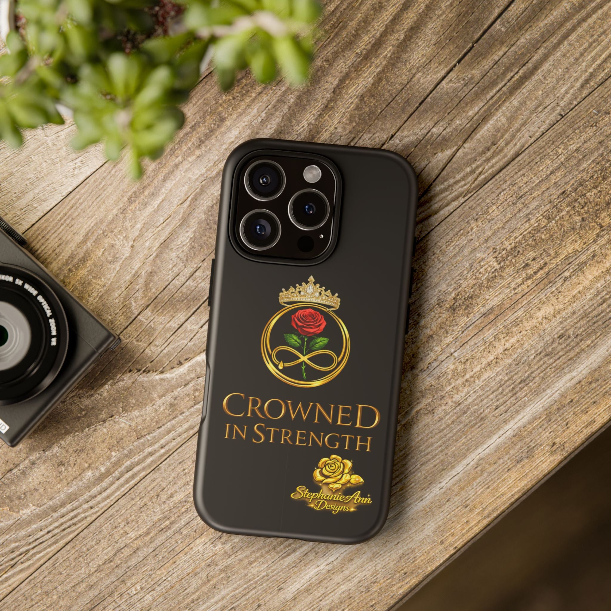 ' A Rose Crowned in Strength Phone Case Rose golden  — Protective Black Case with Rose & Crown Empowerment Design
