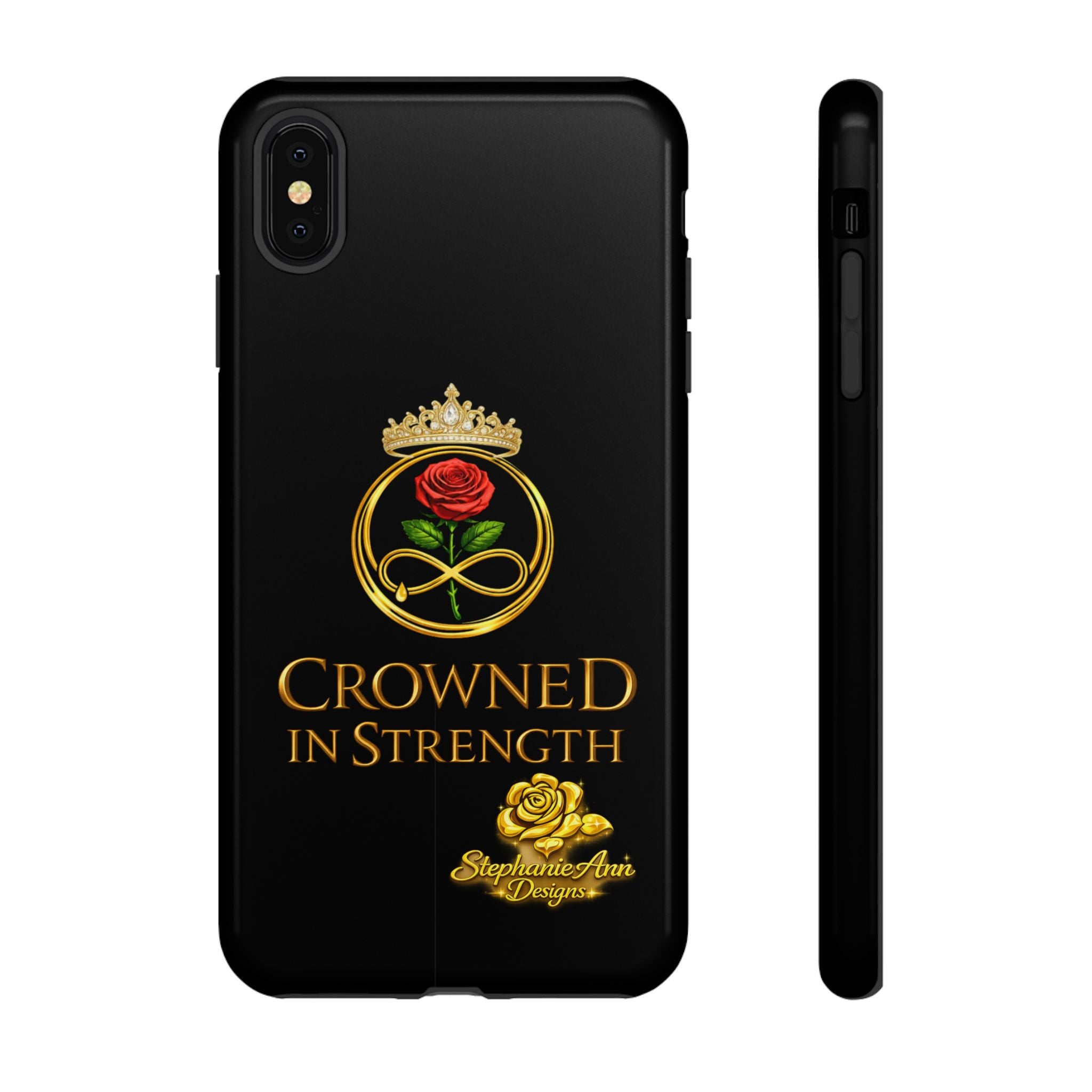 ' A Rose Crowned in Strength Phone Case Rose golden  — Protective Black Case with Rose & Crown Empowerment Design