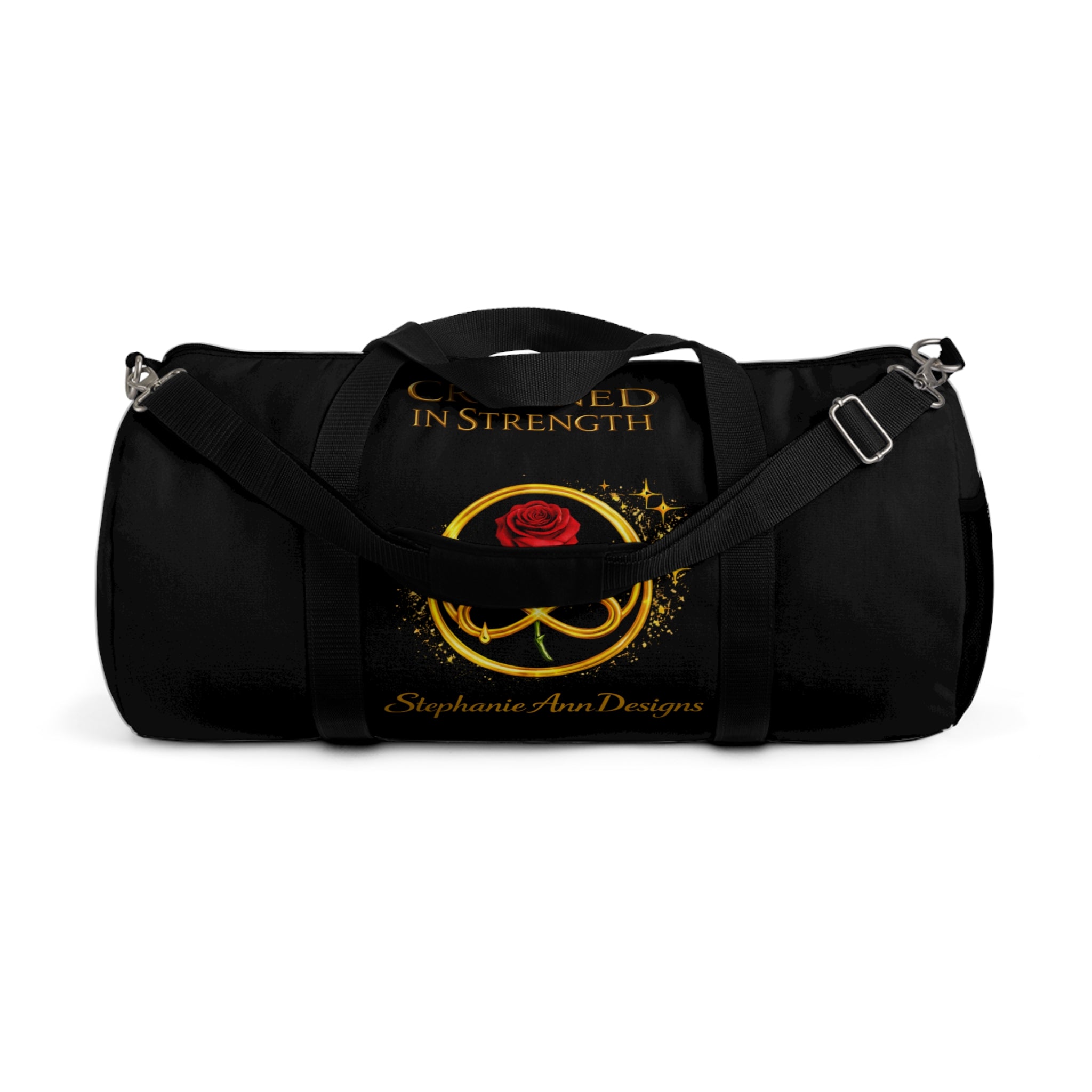 'A Rose Crowned in Strength Golden circle Infinity Of Red Rose Life Duffel Bag — Inspirational Rose & Infinity Travel Gym Bag