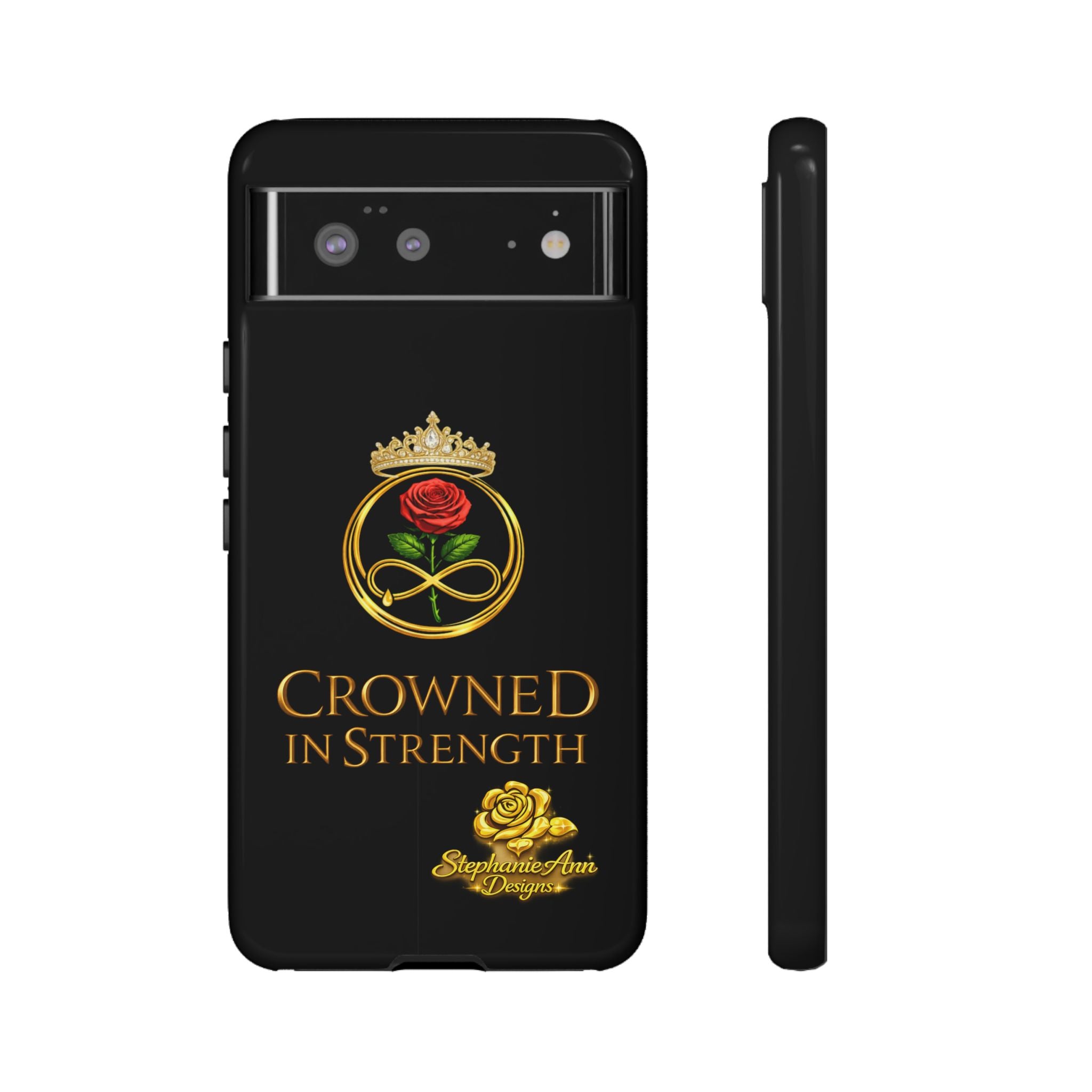 ' A Rose Crowned in Strength Phone Case Rose golden  — Protective Black Case with Rose & Crown Empowerment Design