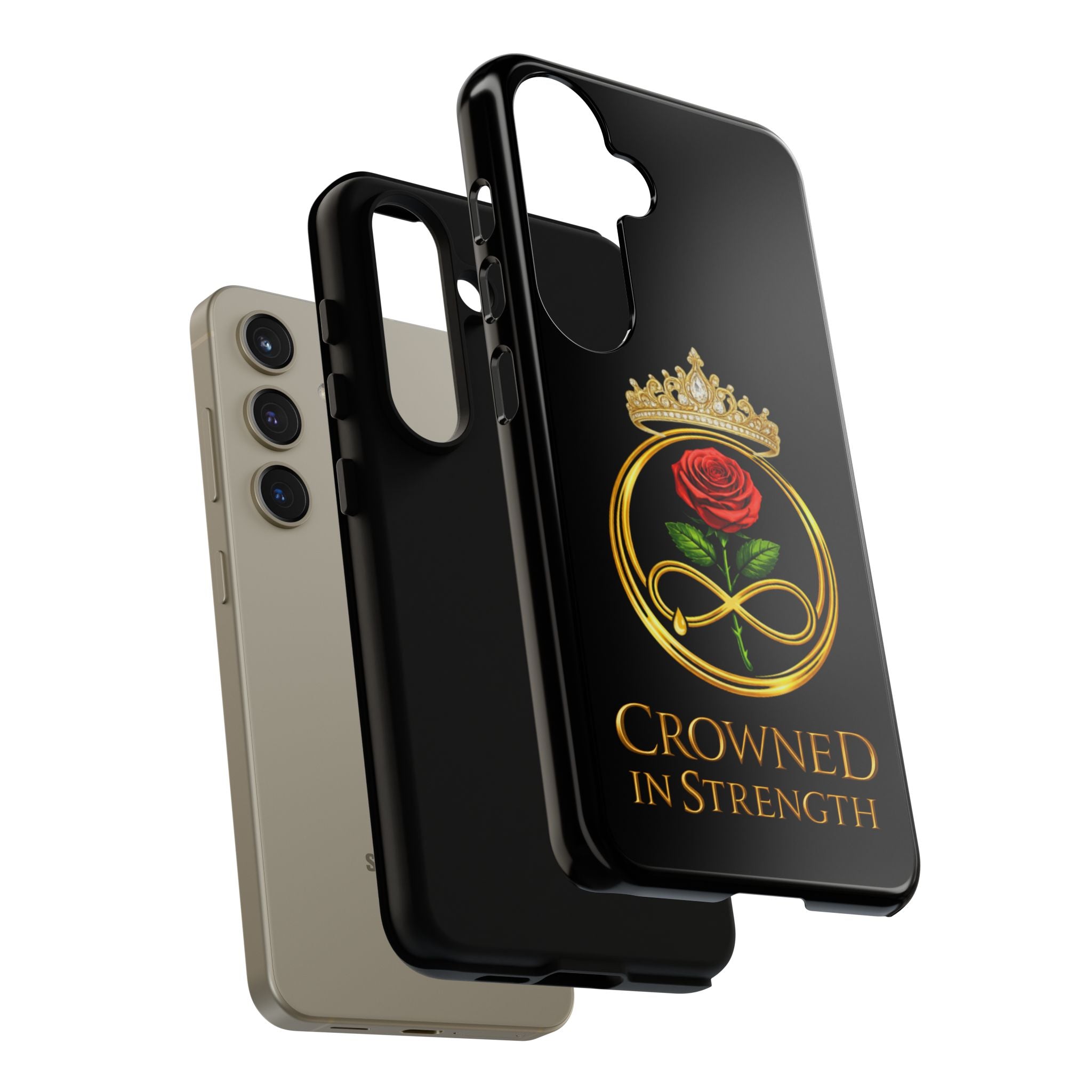 'A Rose Crowned in Strength Phone Case Black Rose Gold infinity