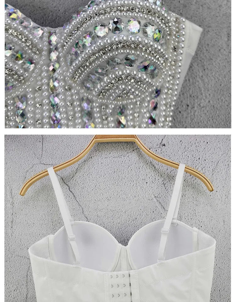 'AB Rhinestones Pearls Diamond Luxury Embroidery Glitter Bustier Corset Crop Top Nightclub Evening Club Party Camis Blousa