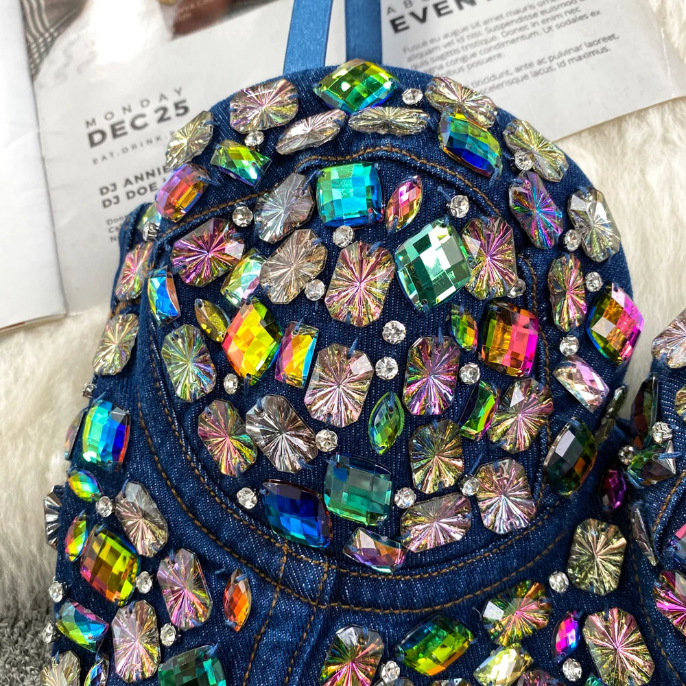 'Bling Rhinestone Corset Crop Top Sexy Retro Denim Camisole Design Beads Colorful Diamond y2k tops Sleeveless Summer Party Tank Top