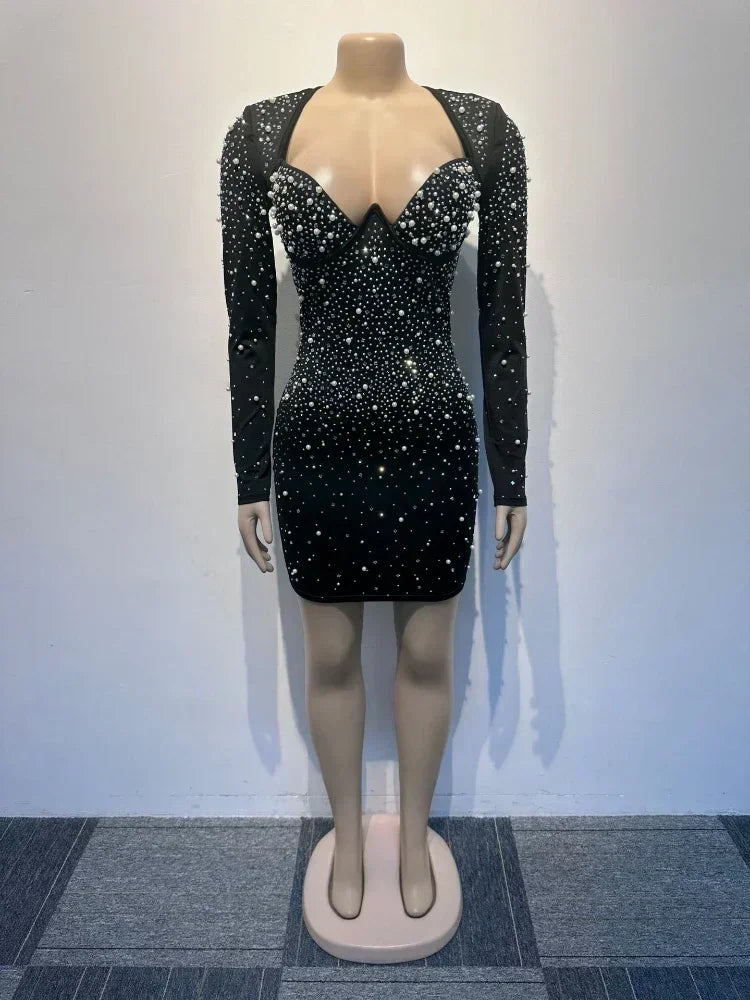 "Bling Glitter Long Shiny Mini Dress Rhinestone Diamond Bead Long Sleeved V-neck Solid Color Sexy Dress Party Club Nightclub Dress