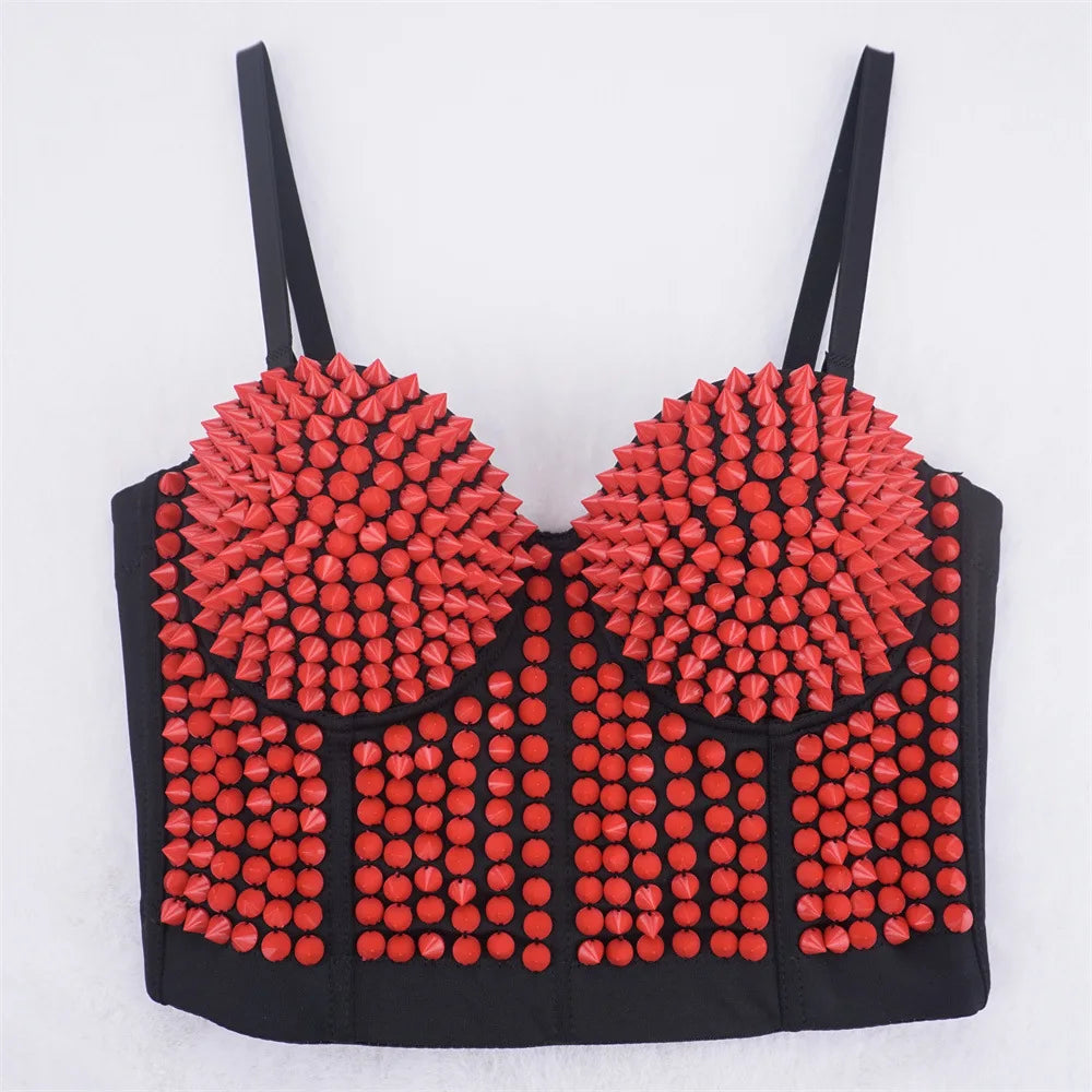 'Club nightclub Punk Rock Women Spikes Studded Bustier Corset Crop Top Dance Tank Tops Nightclub Evening Camisoles Biker top