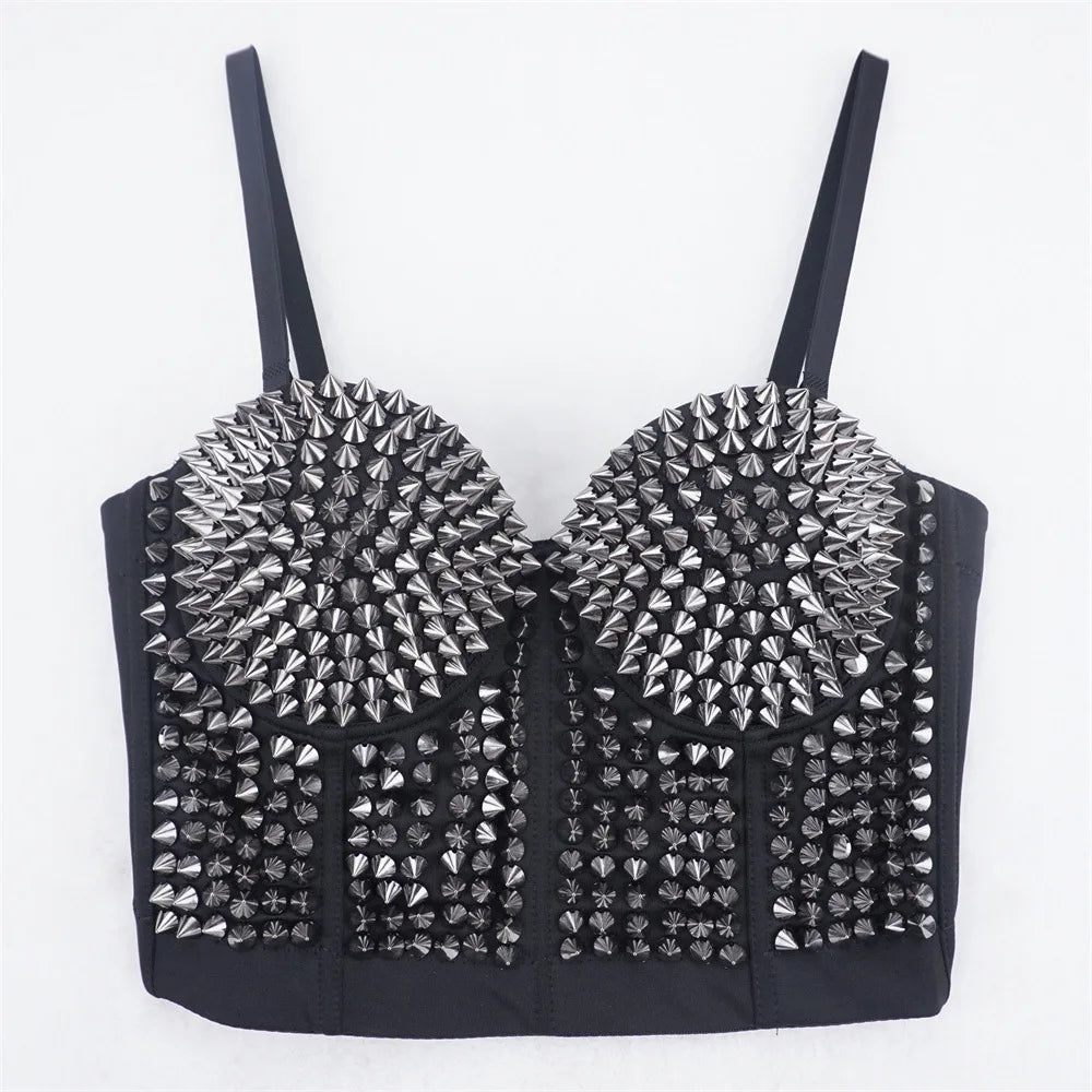 'Club nightclub Punk Rock Women Spikes Studded Bustier Corset Crop Top Dance Tank Tops Nightclub Evening Camisoles Biker top