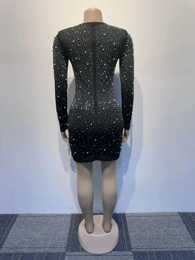 "Bling Glitter Long Shiny Mini Dress Rhinestone Diamond Bead Long Sleeved V-neck Solid Color Sexy Dress Party Club Nightclub Dress