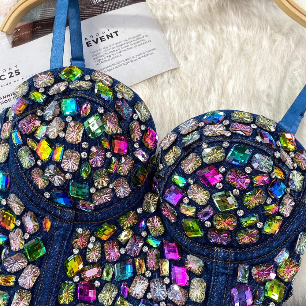 'Bling Rhinestone Corset Crop Top Sexy Retro Denim Camisole Design Beads Colorful Diamond y2k tops Sleeveless Summer Party Tank Top