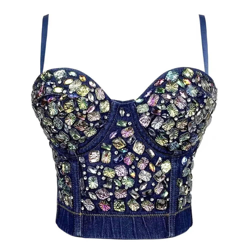'Bling Rhinestone Corset Crop Top Sexy Retro Denim Camisole Design Beads Colorful Diamond y2k tops Sleeveless Summer Party Tank Top