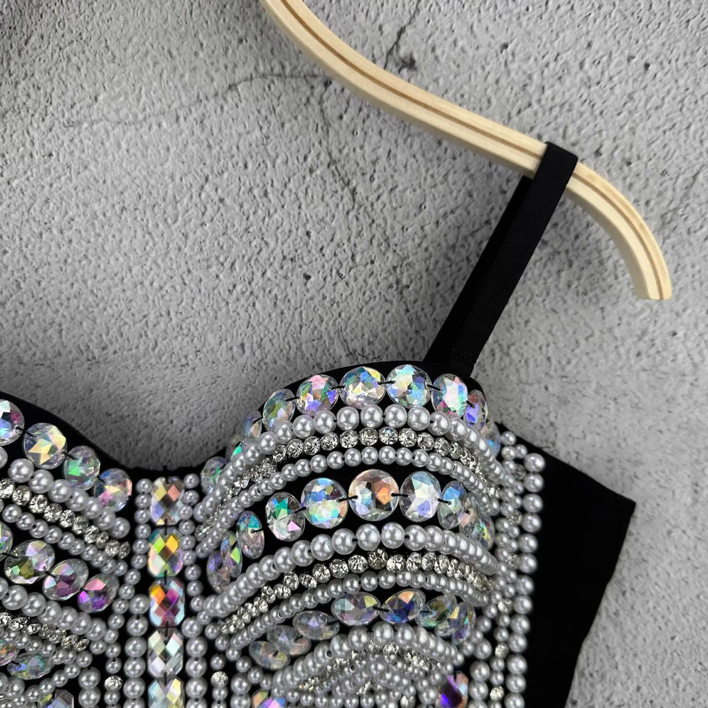 'AB Rhinestones Pearls Diamond Luxury Embroidery Glitter Bustier Corset Crop Top Nightclub Evening Club Party Camis Blousa