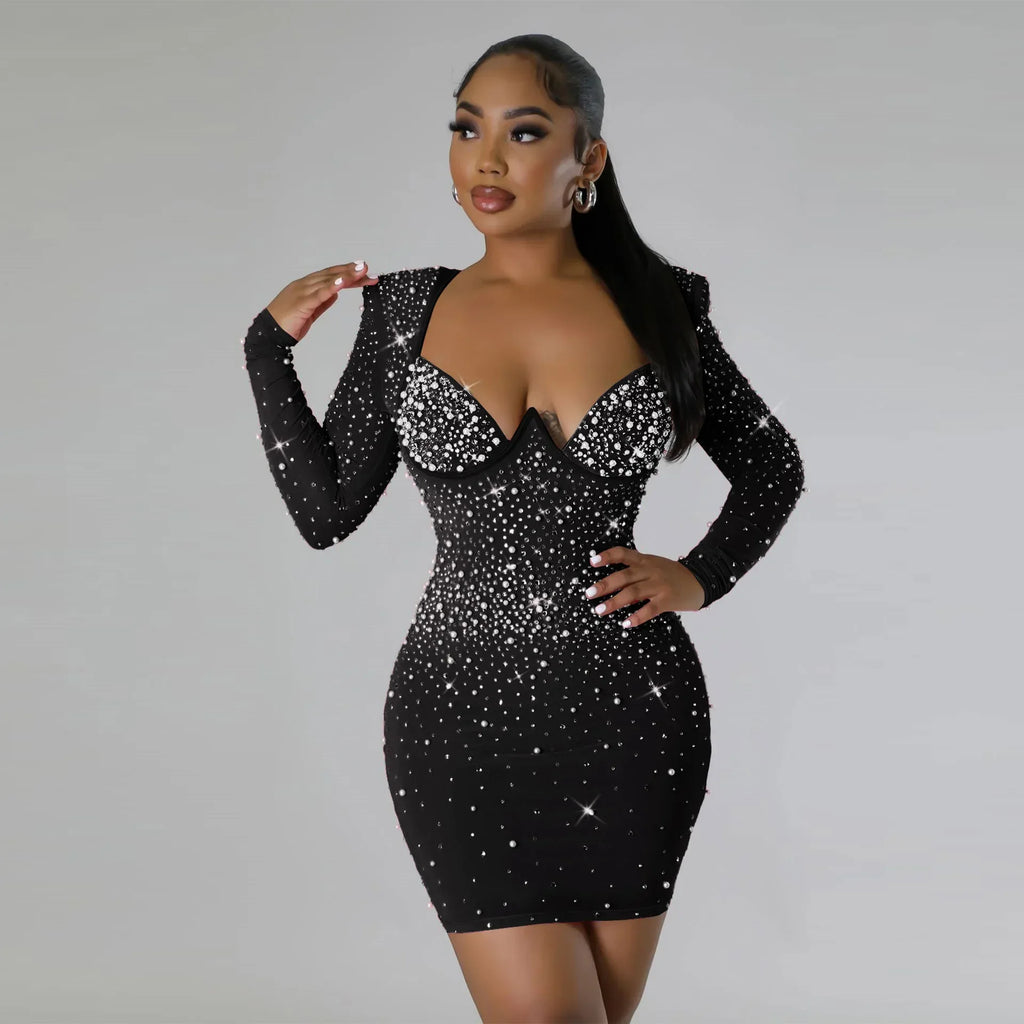 "Bling Glitter Long Shiny Mini Dress Rhinestone Diamond Bead Long Sleeved V-neck Solid Color Sexy Dress Party Club Nightclub Dress