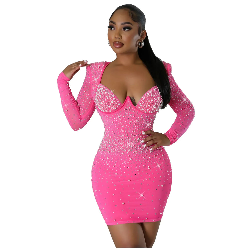 "Bling Glitter Long Shiny Mini Dress Rhinestone Diamond Bead Long Sleeved V-neck Solid Color Sexy Dress Party Club Nightclub Dress