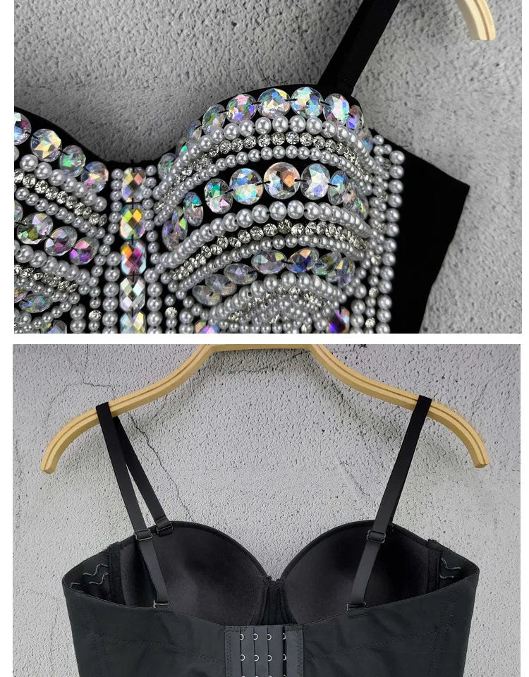 'AB Rhinestones Pearls Diamond Luxury Embroidery Glitter Bustier Corset Crop Top Nightclub Evening Club Party Camis Blousa