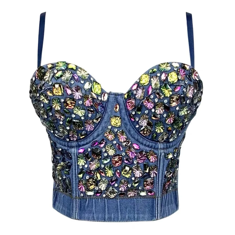 'Bling Rhinestone Corset Crop Top Sexy Retro Denim Camisole Design Beads Colorful Diamond y2k tops Sleeveless Summer Party Tank Top