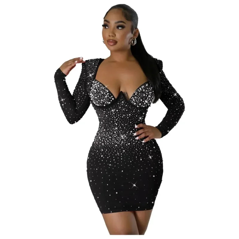 "Bling Glitter Long Shiny Mini Dress Rhinestone Diamond Bead Long Sleeved V-neck Solid Color Sexy Dress Party Club Nightclub Dress