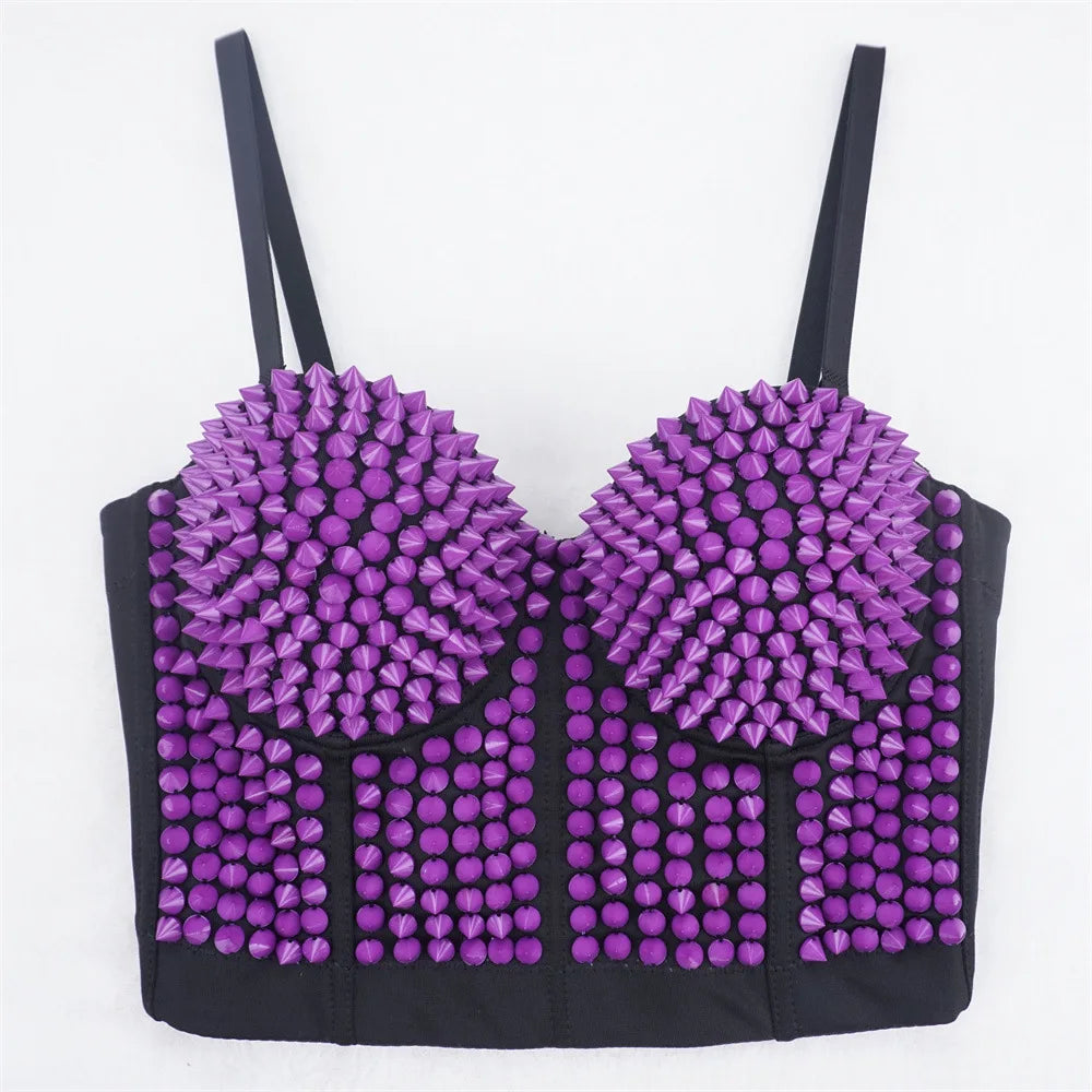'Club nightclub Punk Rock Women Spikes Studded Bustier Corset Crop Top Dance Tank Tops Nightclub Evening Camisoles Biker top