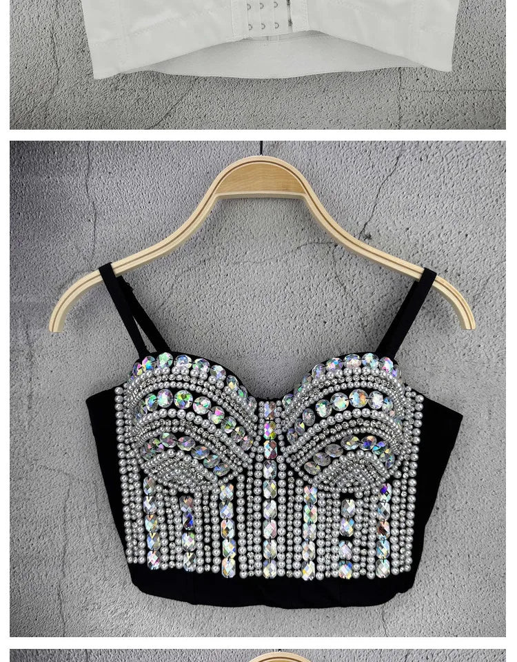 'AB Rhinestones Pearls Diamond Luxury Embroidery Glitter Bustier Corset Crop Top Nightclub Evening Club Party Camis Blousa