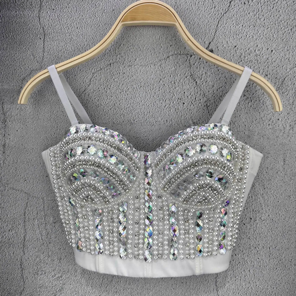 'AB Rhinestones Pearls Diamond Luxury Embroidery Glitter Bustier Corset Crop Top Nightclub Evening Club Party Camis Blousa