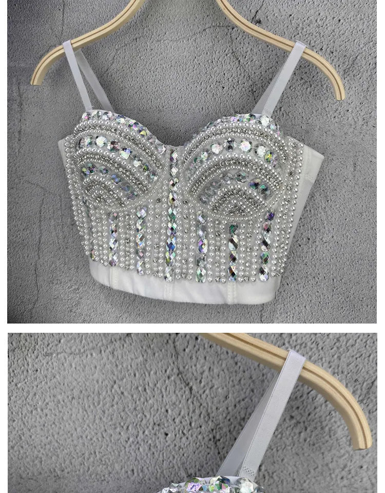 'AB Rhinestones Pearls Diamond Luxury Embroidery Glitter Bustier Corset Crop Top Nightclub Evening Club Party Camis Blousa