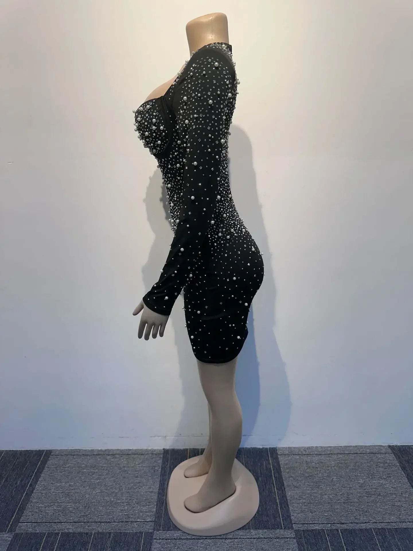"Bling Glitter Long Shiny Mini Dress Rhinestone Diamond Bead Long Sleeved V-neck Solid Color Sexy Dress Party Club Nightclub Dress
