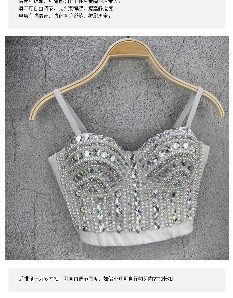 'AB Rhinestones Pearls Diamond Luxury Embroidery Glitter Bustier Corset Crop Top Nightclub Evening Club Party Camis Blousa