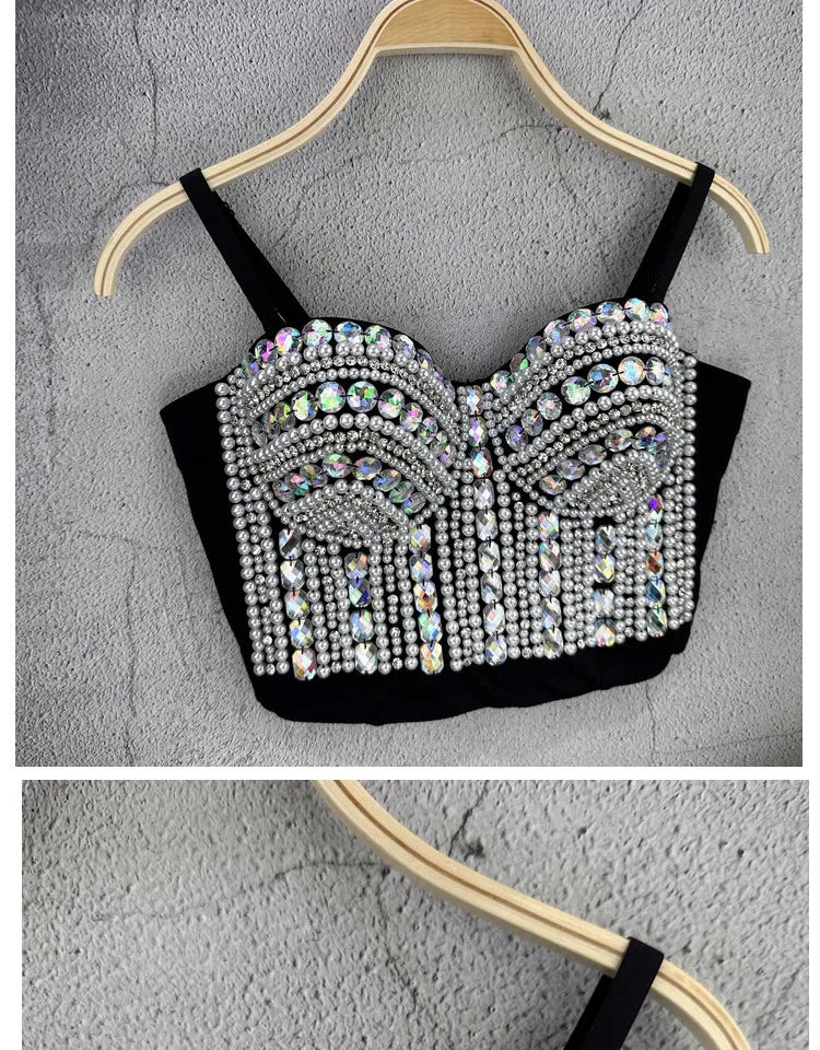 'AB Rhinestones Pearls Diamond Luxury Embroidery Glitter Bustier Corset Crop Top Nightclub Evening Club Party Camis Blousa