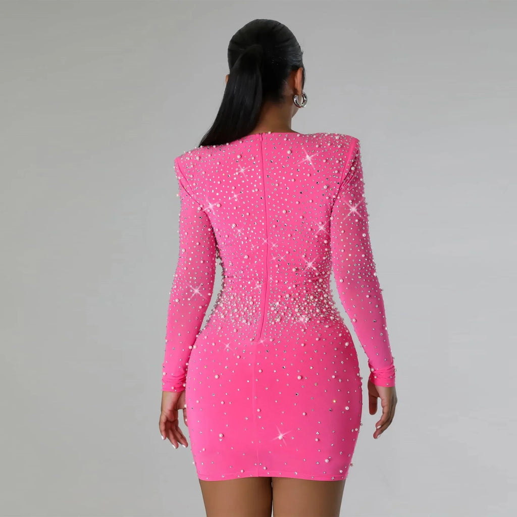 "Bling Glitter Long Shiny Mini Dress Rhinestone Diamond Bead Long Sleeved V-neck Solid Color Sexy Dress Party Club Nightclub Dress