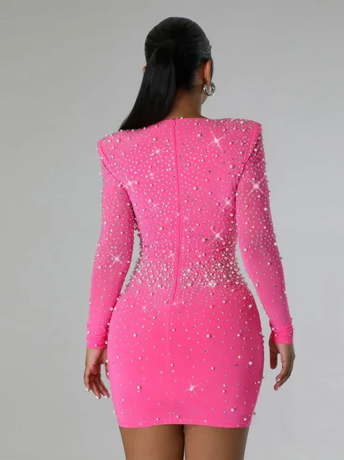 "Bling Glitter Long Shiny Mini Dress Rhinestone Diamond Bead Long Sleeved V-neck Solid Color Sexy Dress Party Club Nightclub Dress