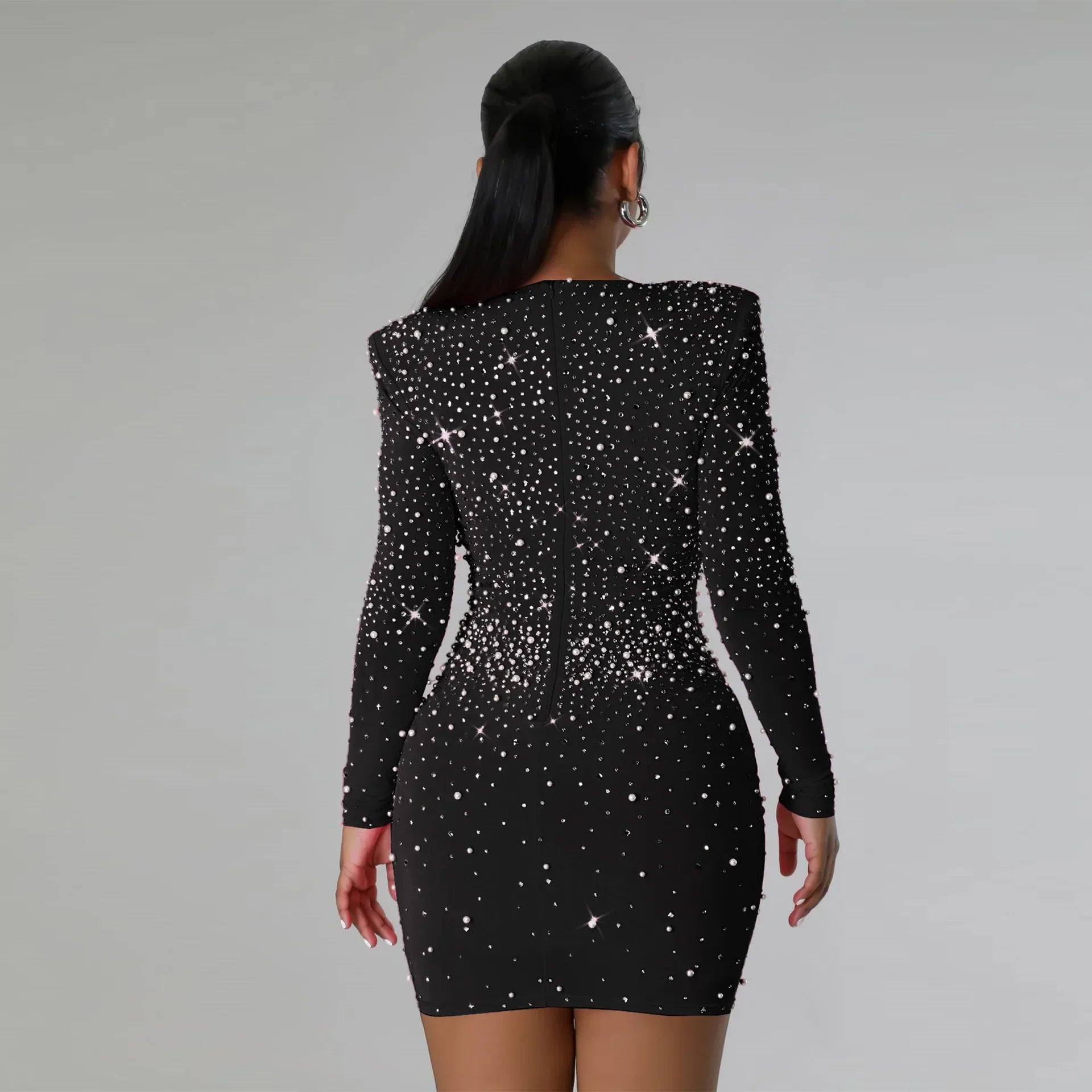 "Bling Glitter Long Shiny Mini Dress Rhinestone Diamond Bead Long Sleeved V-neck Solid Color Sexy Dress Party Club Nightclub Dress
