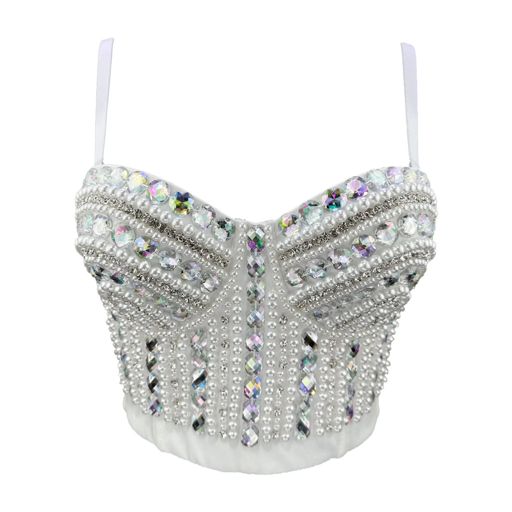 'AB Rhinestones Pearls Diamond Luxury Embroidery Glitter Bustier Corset Crop Top Nightclub Evening Club Party Camis Blousa